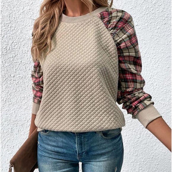 - New plaid print sleeve long sleeve sweatshirt - Picture 3 of 6